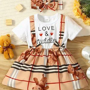 Girls Cotton Plaid Pattern Short Sleeved Dress with Headband